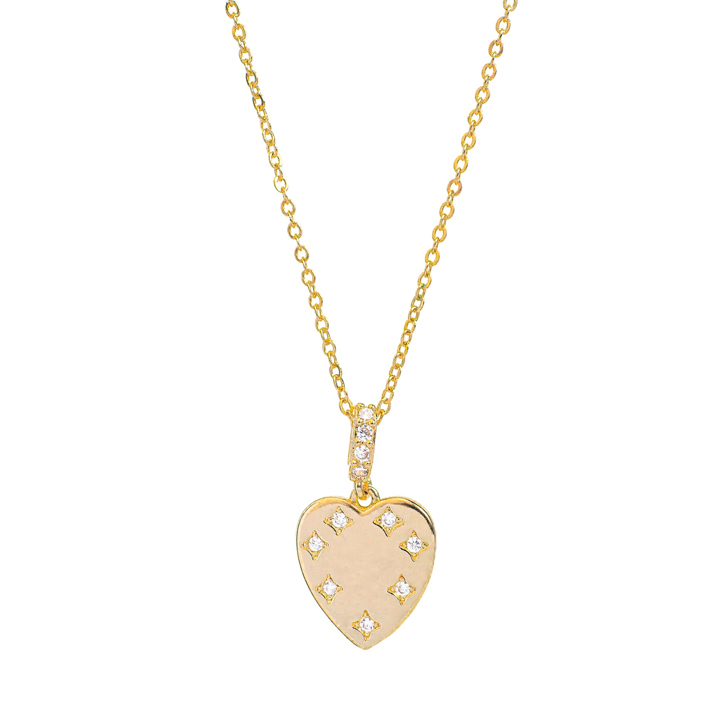 This photo features a thin chain necklace made of 14K gold-plated sterling silver, paired with zircon heart necklace