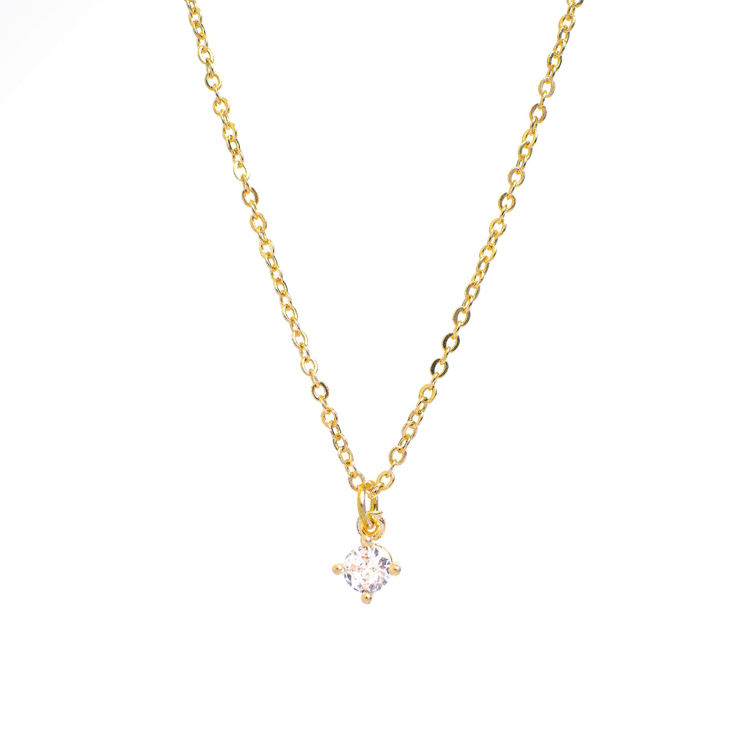 This photo features a thin chain necklace made of 14K gold-plated sterling silver, paired with Round Zircon Necklace