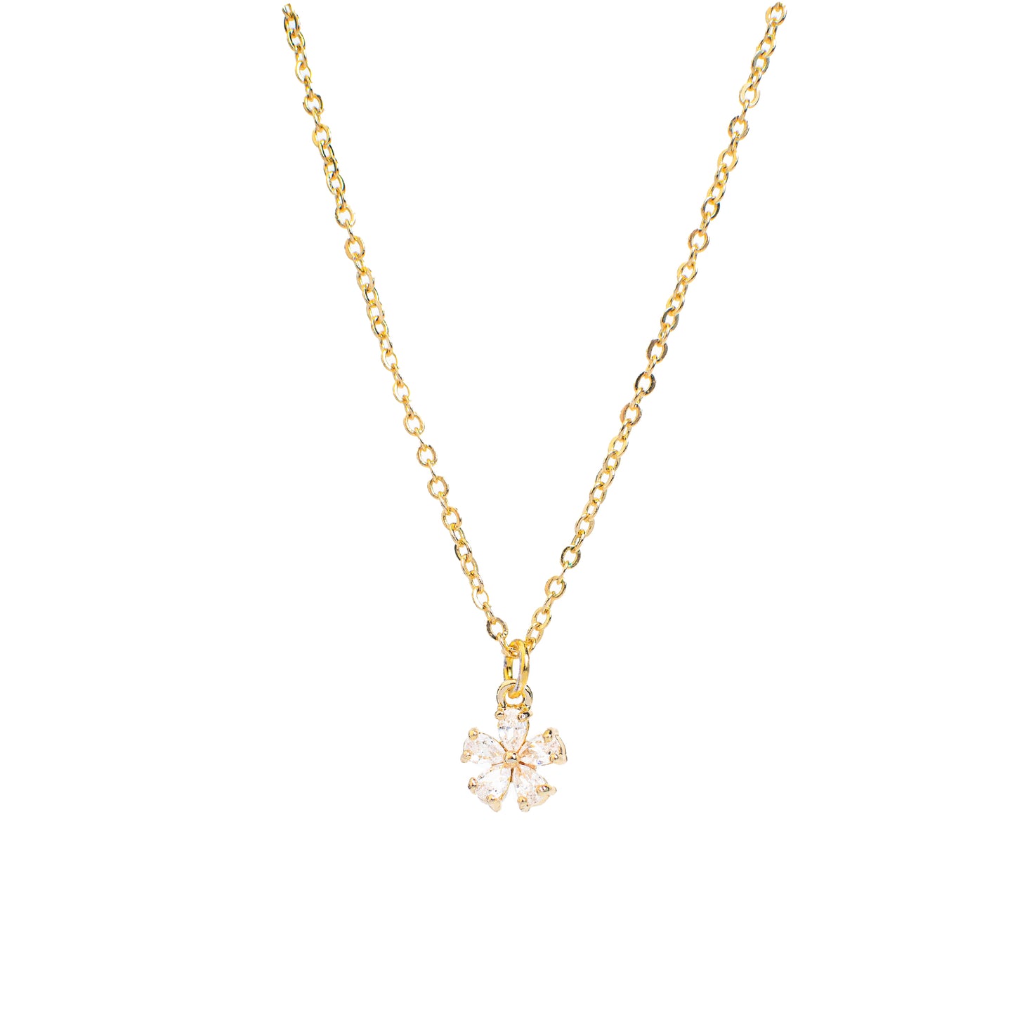 This photo features a thin chain necklace made of 14K gold-plated sterling silver, paired with a zirconia Flower charm.