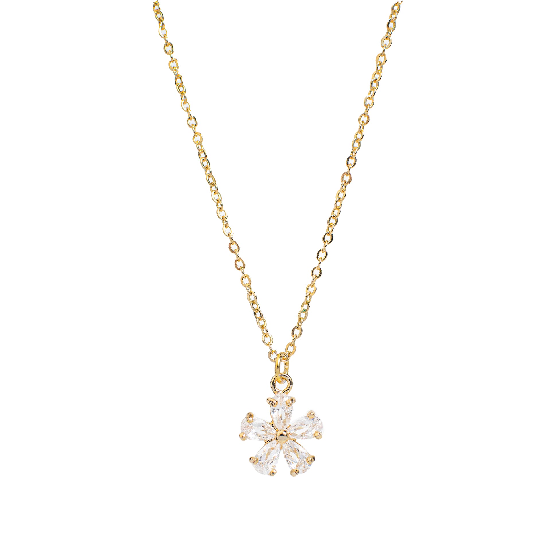 This photo features a thin chain necklace made of 14K gold-plated sterling silver, paired with a zircon Flower charm.