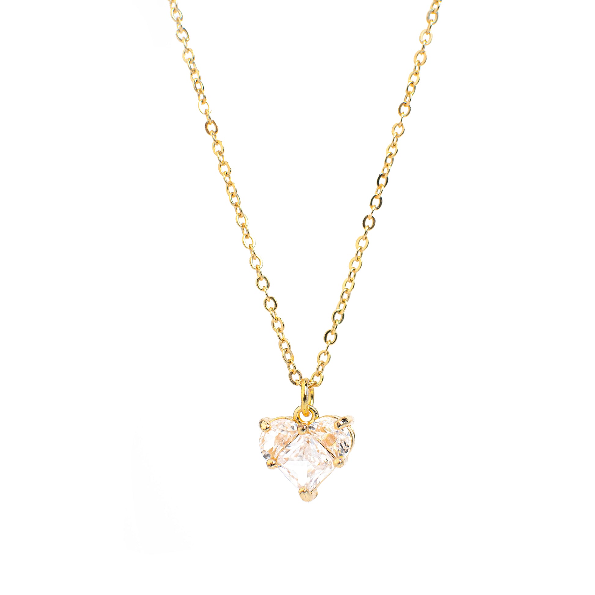 This photo features a thin chain necklace made of 14K gold-plated sterling silver, paired with a zircon heart charm.